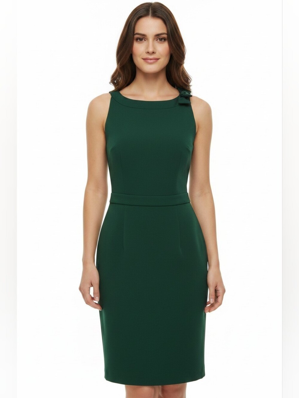 Classic Emerald Green Sleeveless Midi Sheath Dress with Shoulder Bow